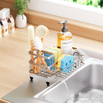 Sponge Holder for Kitchen Sink - Auto Draining Sink Caddy Organizer with Detachable Rack, High Brush Holder, Kitchen Countertop Storage Accessories, Black