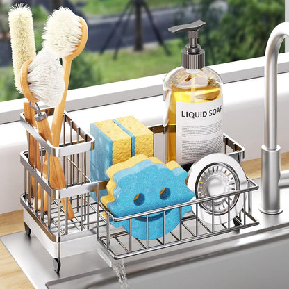 Sponge Holder for Kitchen Sink - Auto Draining Sink Caddy Organizer with Detachable Rack, High Brush Holder, Kitchen Countertop Storage Accessories, Black