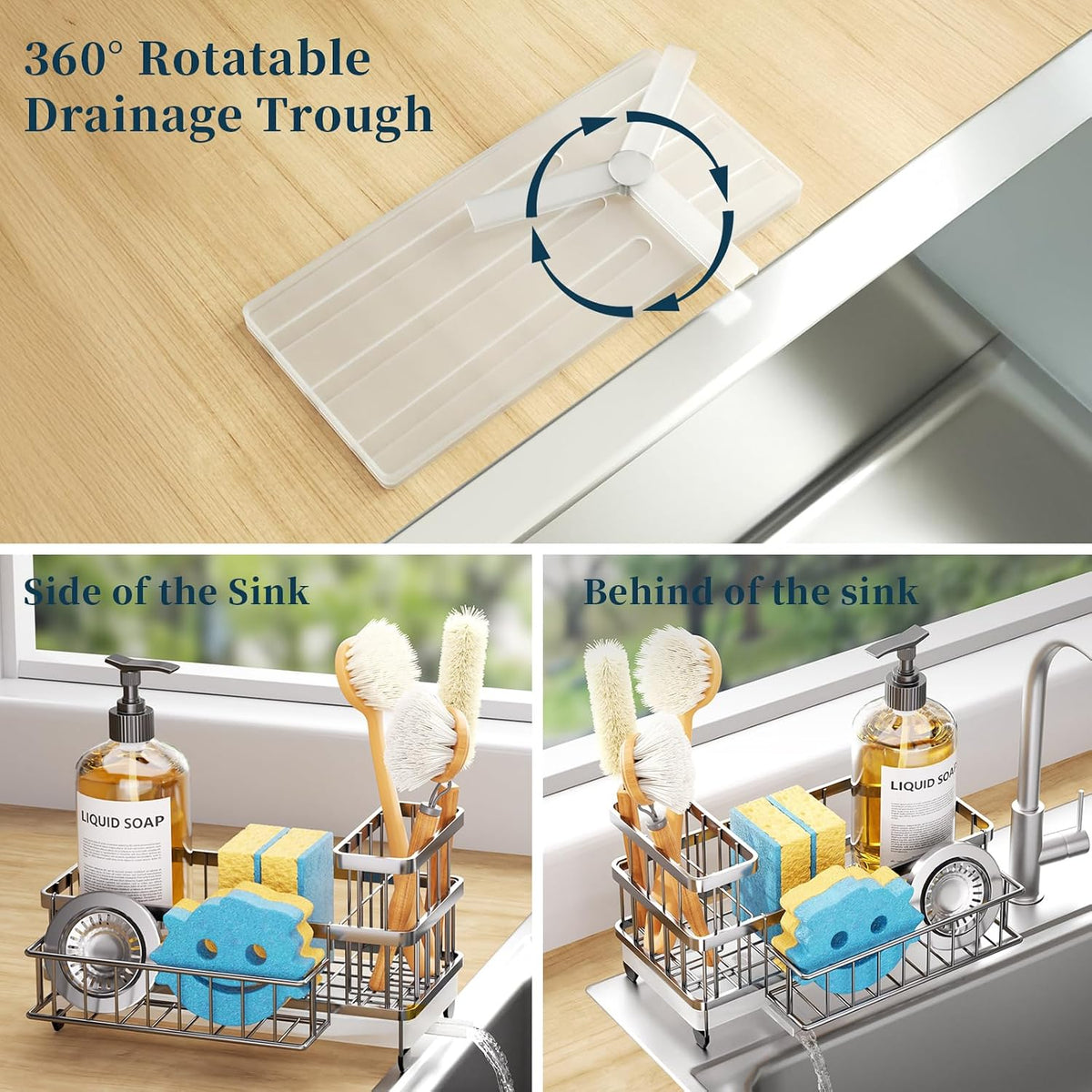 Sponge Holder for Kitchen Sink - Auto Draining Sink Caddy Organizer with Detachable Rack, High Brush Holder, Kitchen Countertop Storage Accessories, Black