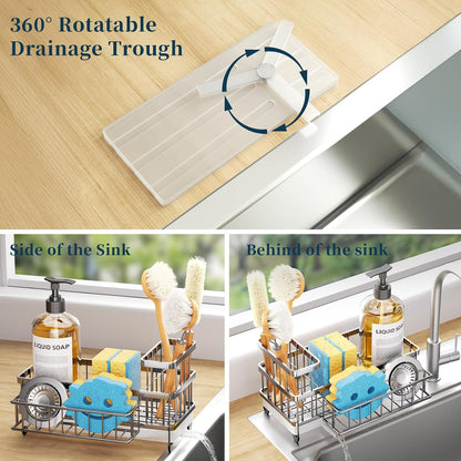 Sponge Holder for Kitchen Sink - Auto Draining Sink Caddy Organizer with Detachable Rack, High Brush Holder, Kitchen Countertop Storage Accessories, Black