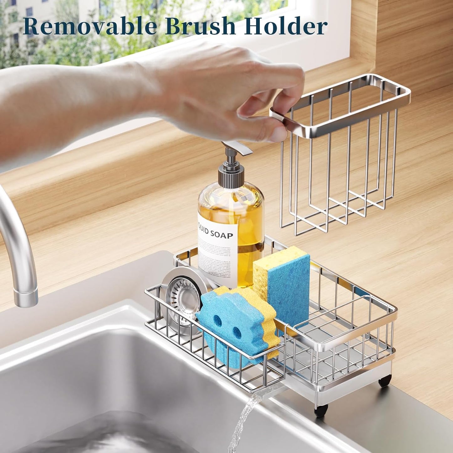 Sponge Holder for Kitchen Sink - Auto Draining Sink Caddy Organizer with Detachable Rack, High Brush Holder, Kitchen Countertop Storage Accessories, Black