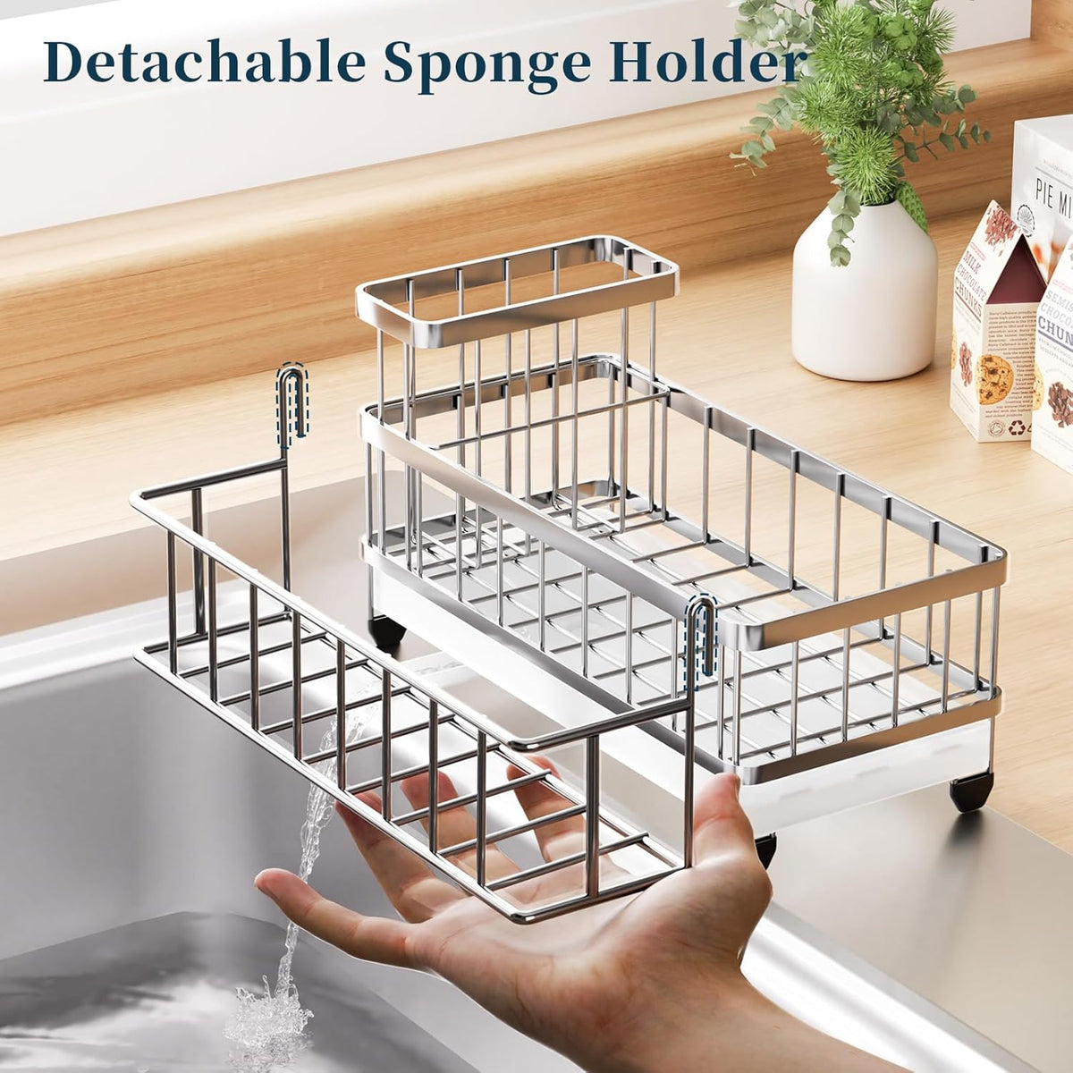 Sponge Holder for Kitchen Sink - Auto Draining Sink Caddy Organizer with Detachable Rack, High Brush Holder, Kitchen Countertop Storage Accessories, Black