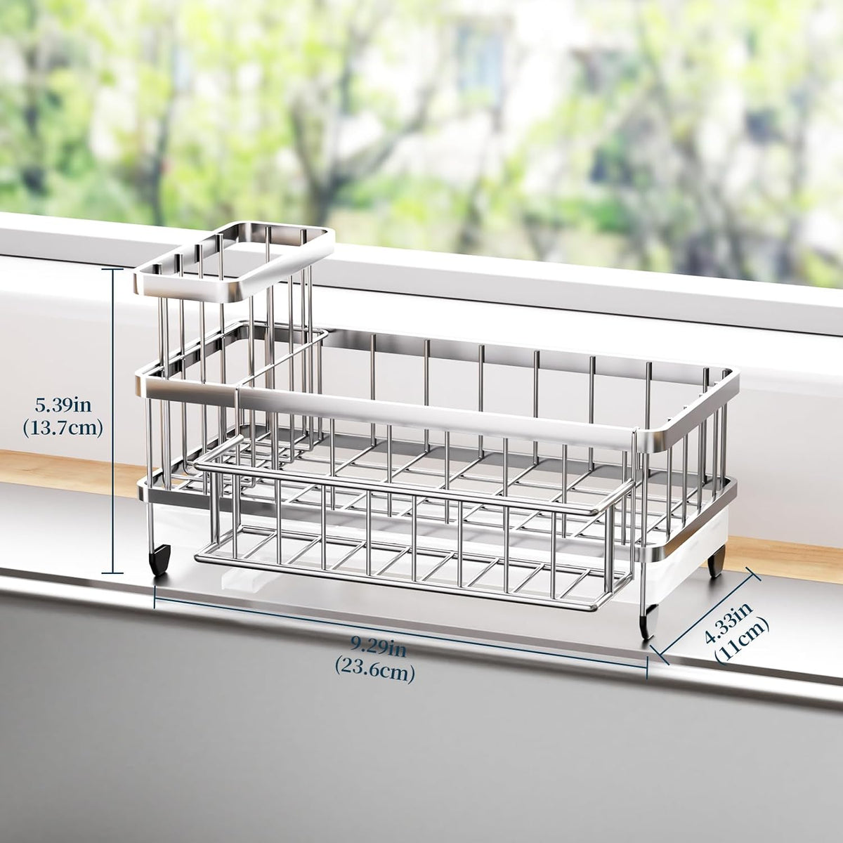 Sponge Holder for Kitchen Sink - Auto Draining Sink Caddy Organizer with Detachable Rack, High Brush Holder, Kitchen Countertop Storage Accessories, Black