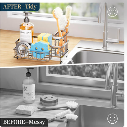 Sponge Holder for Kitchen Sink - Auto Draining Sink Caddy Organizer with Detachable Rack, High Brush Holder, Kitchen Countertop Storage Accessories, Black