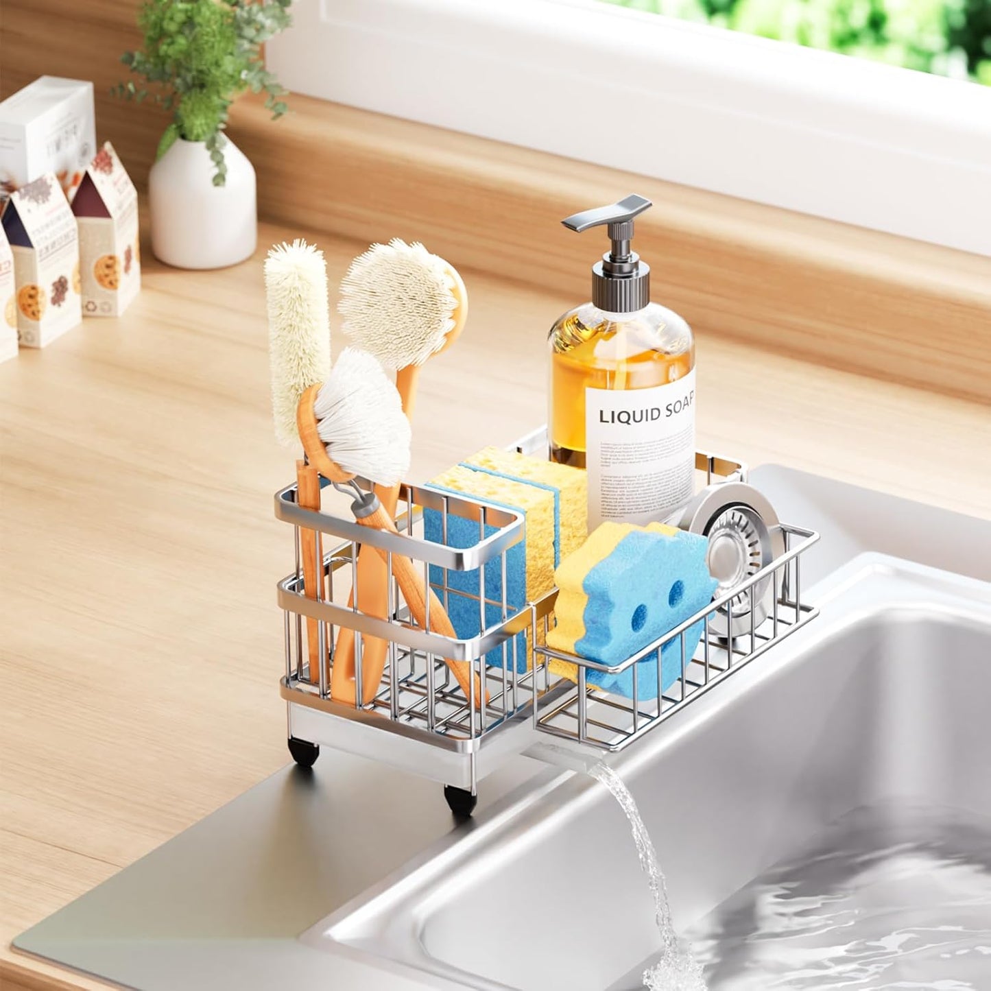Sponge Holder for Kitchen Sink - Auto Draining Sink Caddy Organizer with Detachable Rack, High Brush Holder, Kitchen Countertop Storage Accessories, Black
