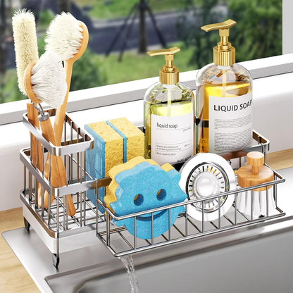Sponge Holder for Kitchen Sink - Auto Draining Sink Caddy Organizer with Detachable Rack, High Brush Holder, Kitchen Countertop Storage Accessories, Black
