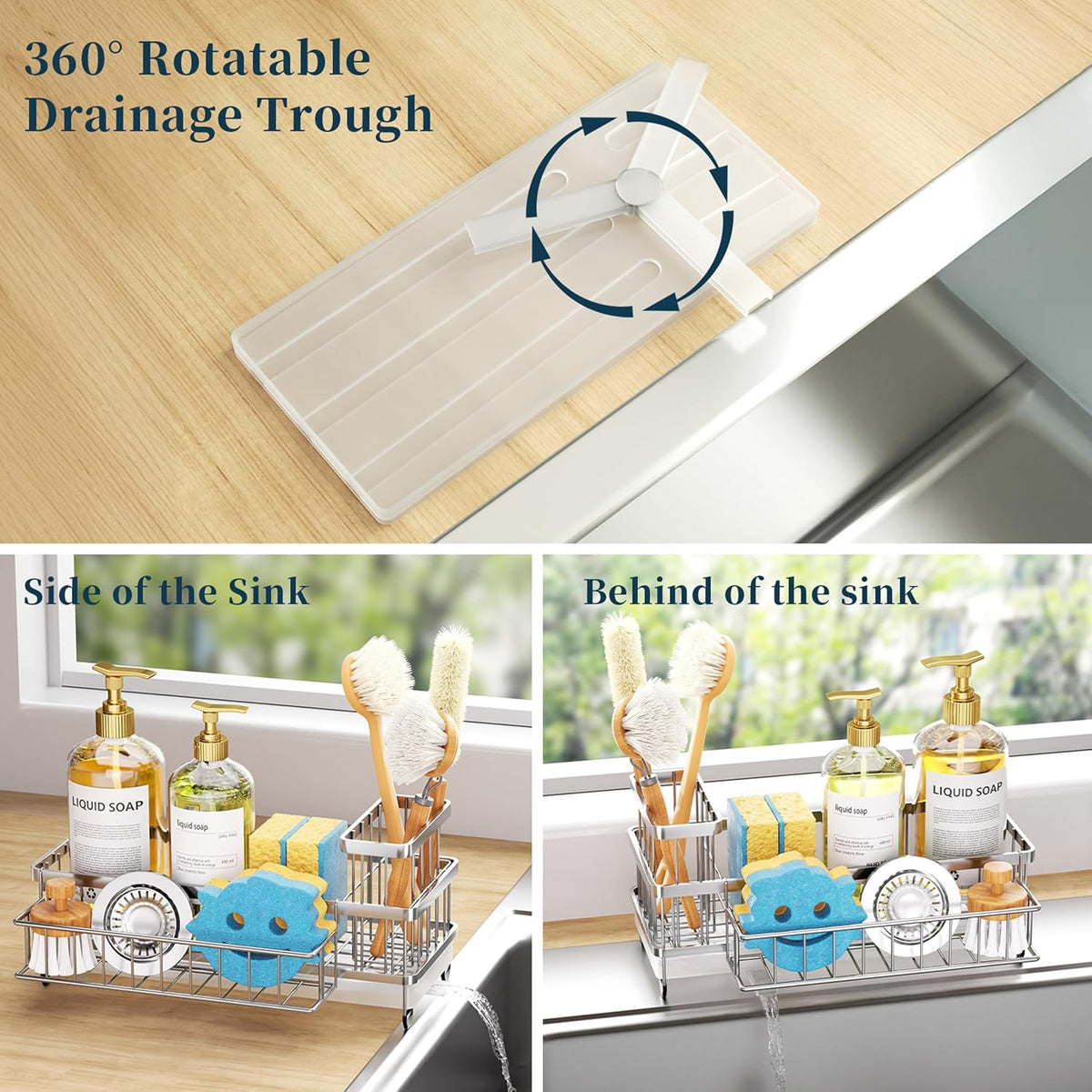 Sponge Holder for Kitchen Sink - Auto Draining Sink Caddy Organizer with Detachable Rack, High Brush Holder, Kitchen Countertop Storage Accessories, Black