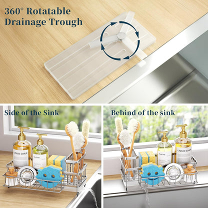 Sponge Holder for Kitchen Sink - Auto Draining Sink Caddy Organizer with Detachable Rack, High Brush Holder, Kitchen Countertop Storage Accessories, Black