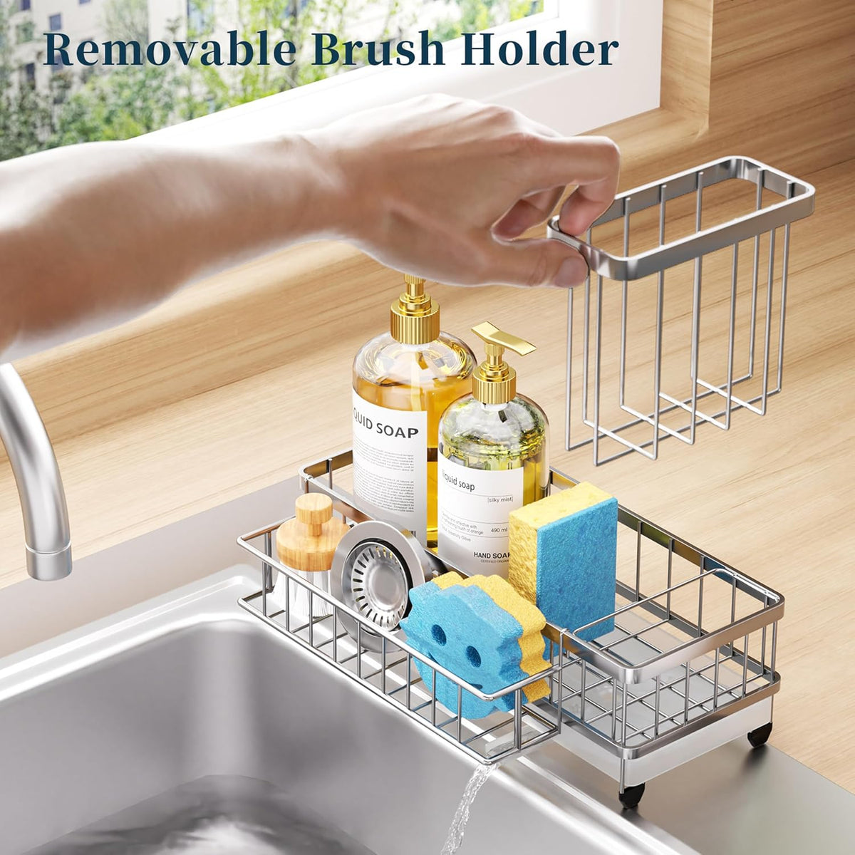 Sponge Holder for Kitchen Sink - Auto Draining Sink Caddy Organizer with Detachable Rack, High Brush Holder, Kitchen Countertop Storage Accessories, Black