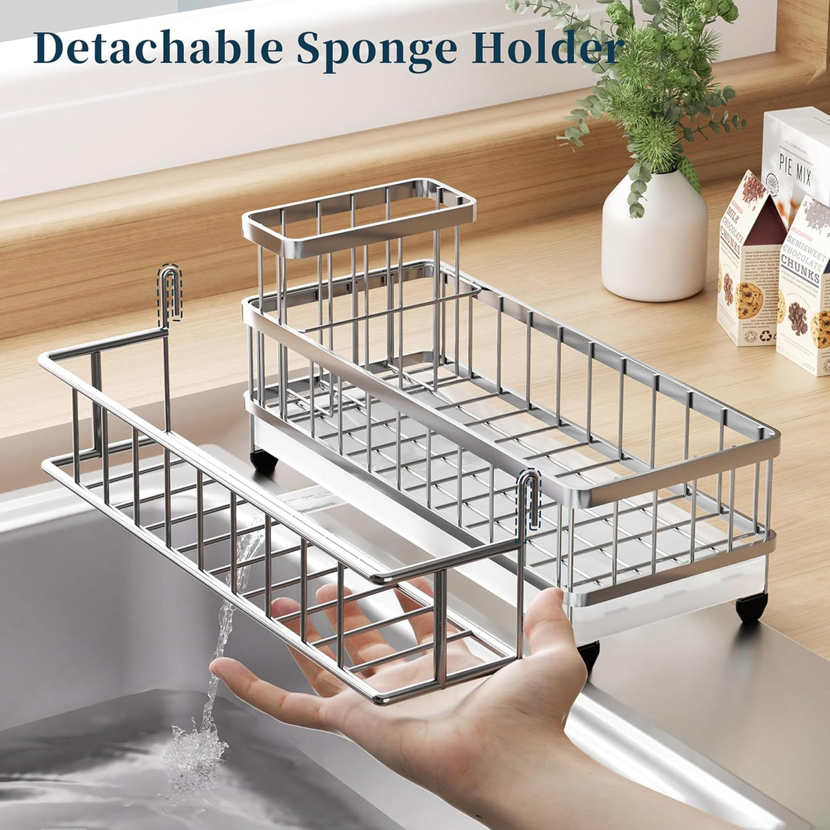 Sponge Holder for Kitchen Sink - Auto Draining Sink Caddy Organizer with Detachable Rack, High Brush Holder, Kitchen Countertop Storage Accessories, Black