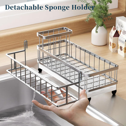 Sponge Holder for Kitchen Sink - Auto Draining Sink Caddy Organizer with Detachable Rack, High Brush Holder, Kitchen Countertop Storage Accessories, Black