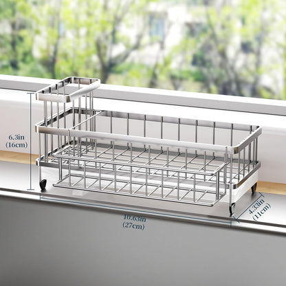 Sponge Holder for Kitchen Sink - Auto Draining Sink Caddy Organizer with Detachable Rack, High Brush Holder, Kitchen Countertop Storage Accessories, Black