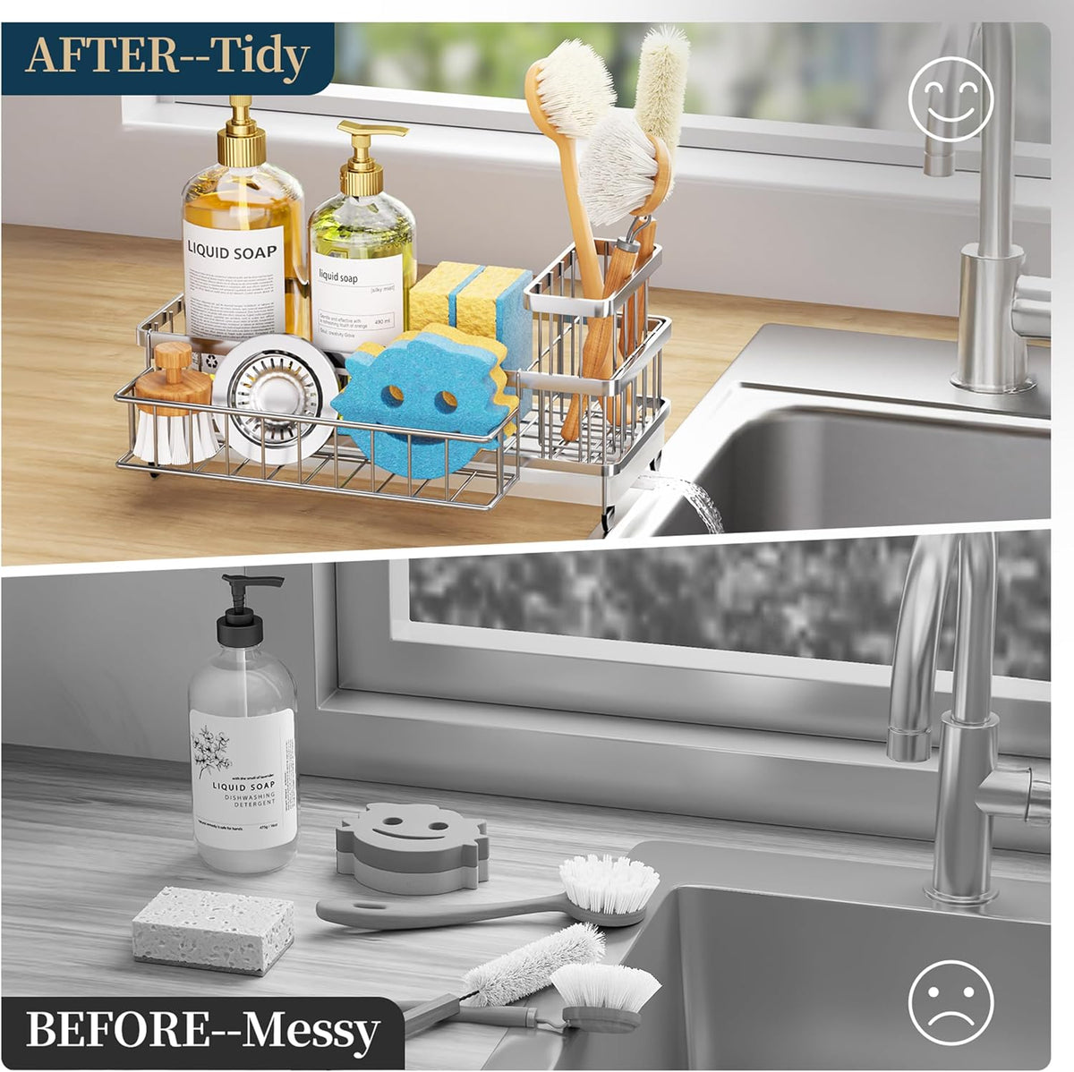 Sponge Holder for Kitchen Sink - Auto Draining Sink Caddy Organizer with Detachable Rack, High Brush Holder, Kitchen Countertop Storage Accessories, Black