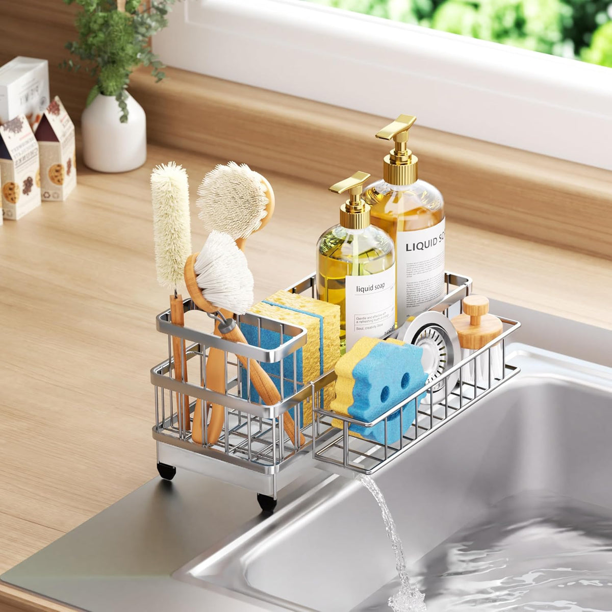 Sponge Holder for Kitchen Sink - Auto Draining Sink Caddy Organizer with Detachable Rack, High Brush Holder, Kitchen Countertop Storage Accessories, Black