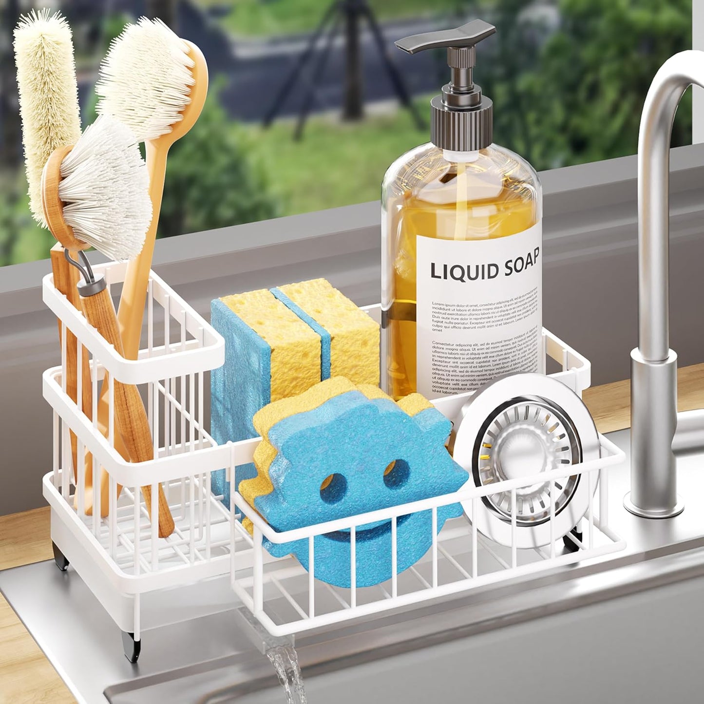Sponge Holder for Kitchen Sink - Auto Draining Sink Caddy Organizer with Detachable Rack, High Brush Holder, Kitchen Countertop Storage Accessories, Black