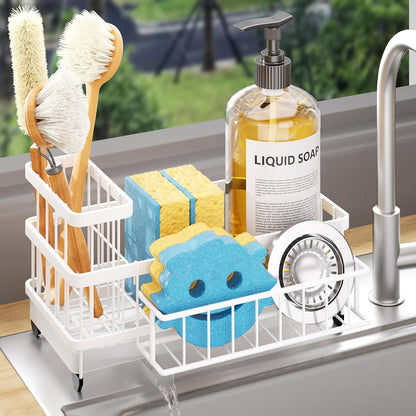 Sponge Holder for Kitchen Sink - Auto Draining Sink Caddy Organizer with Detachable Rack, High Brush Holder, Kitchen Countertop Storage Accessories, Black