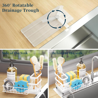 Sponge Holder for Kitchen Sink - Auto Draining Sink Caddy Organizer with Detachable Rack, High Brush Holder, Kitchen Countertop Storage Accessories, Black