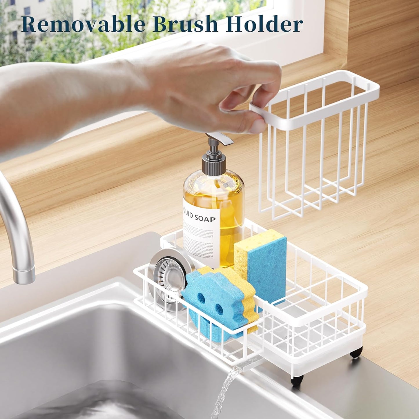 Sponge Holder for Kitchen Sink - Auto Draining Sink Caddy Organizer with Detachable Rack, High Brush Holder, Kitchen Countertop Storage Accessories, Black
