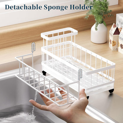 Sponge Holder for Kitchen Sink - Auto Draining Sink Caddy Organizer with Detachable Rack, High Brush Holder, Kitchen Countertop Storage Accessories, Black