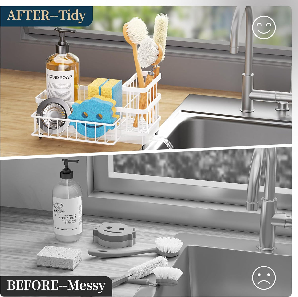 Sponge Holder for Kitchen Sink - Auto Draining Sink Caddy Organizer with Detachable Rack, High Brush Holder, Kitchen Countertop Storage Accessories, Black