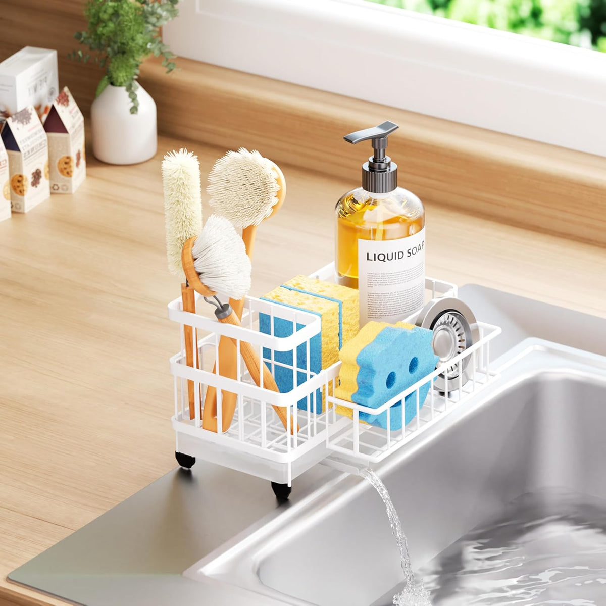 Sponge Holder for Kitchen Sink - Auto Draining Sink Caddy Organizer with Detachable Rack, High Brush Holder, Kitchen Countertop Storage Accessories, Black