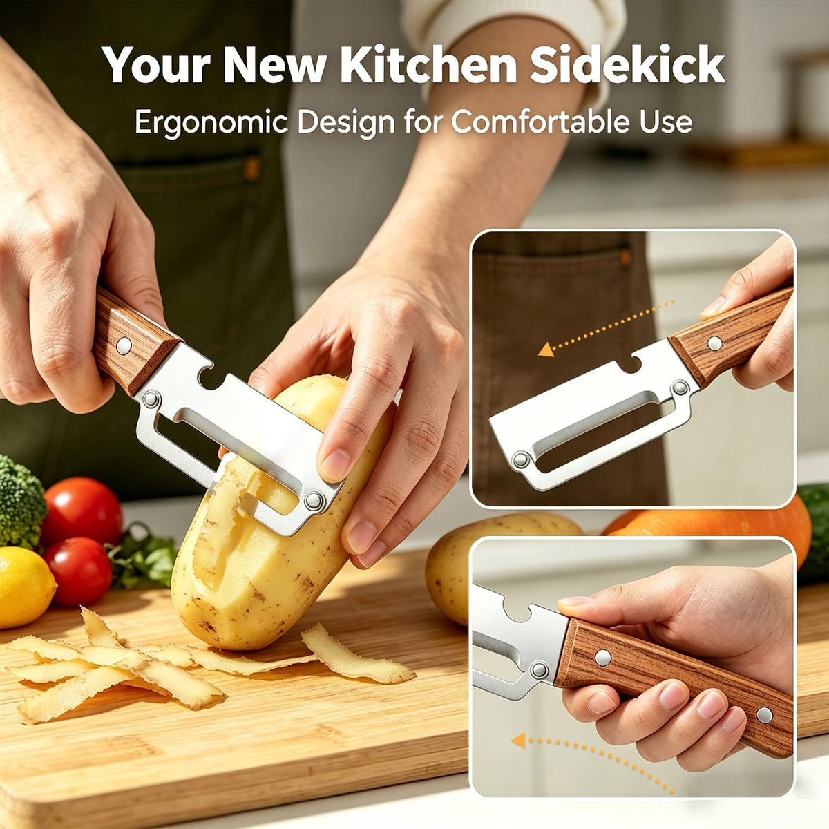 2-in-1 Multifunctional Vegetable Peeler, Premium Vegetable Peeler with Wooden Handle and Bottle Opener, Kitchen Tool for Fruit Apple Potato Pumpkin Papaya