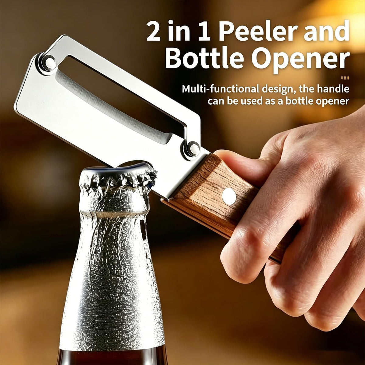 2-in-1 Multifunctional Vegetable Peeler, Premium Vegetable Peeler with Wooden Handle and Bottle Opener, Kitchen Tool for Fruit Apple Potato Pumpkin Papaya