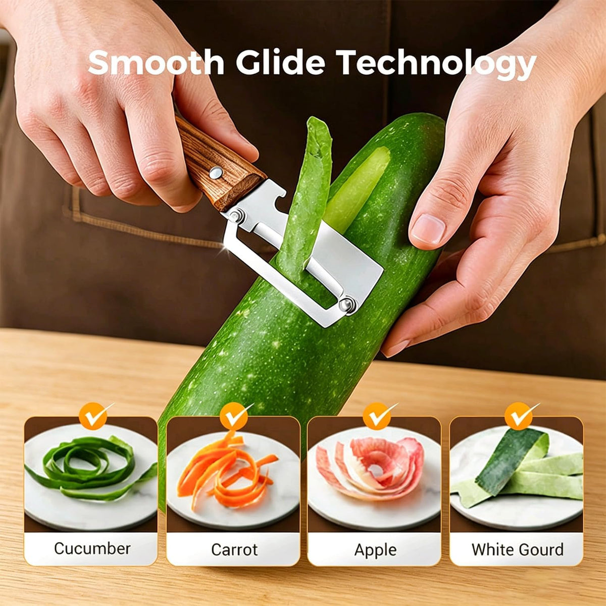 2-in-1 Multifunctional Vegetable Peeler, Premium Vegetable Peeler with Wooden Handle and Bottle Opener, Kitchen Tool for Fruit Apple Potato Pumpkin Papaya