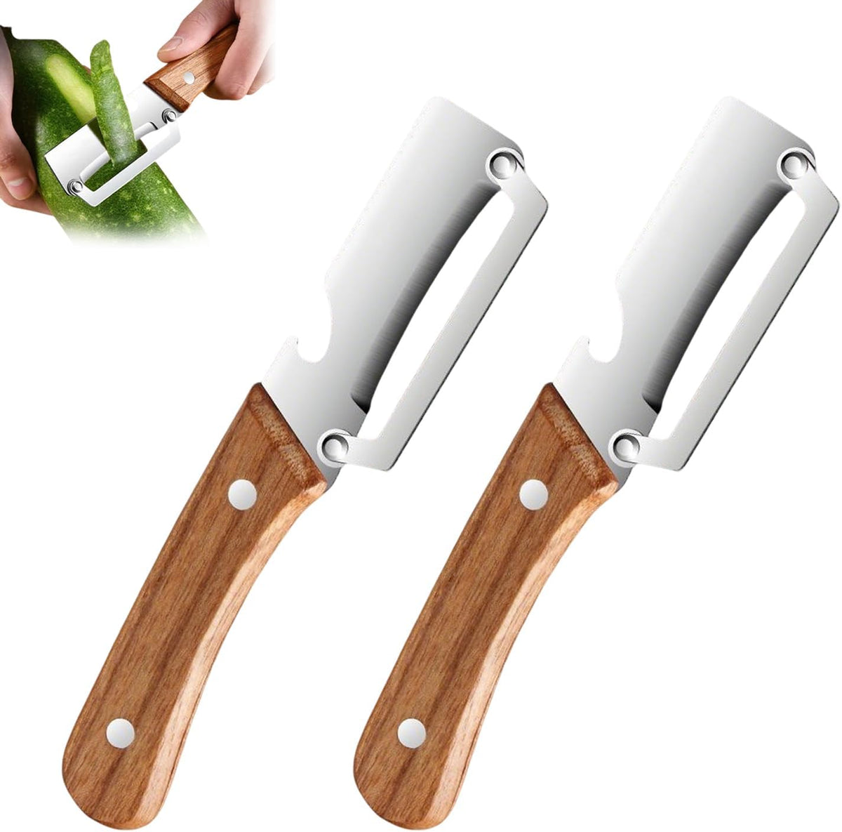 2-in-1 Multifunctional Vegetable Peeler, Premium Vegetable Peeler with Wooden Handle and Bottle Opener, Kitchen Tool for Fruit Apple Potato Pumpkin Papaya