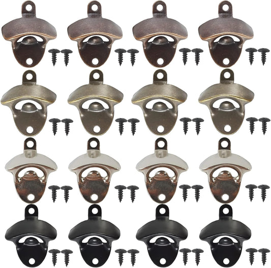 16PCS Wall Mounted Bottle Opener Vintage Beer Opener with Mounting Screws Set for Beer Cap Coke Bottle Wine Soda Open and Kitchen Cafe Bars(4 Colors)