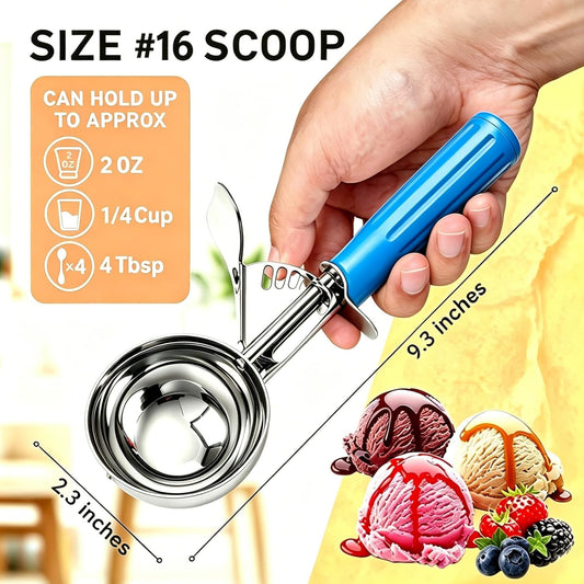 2 oz Scoop, Cookie Scoop for Baking, 2 oz Ice Cream Scoop with Trigger, #16 Disher, Portion Scoop, Blue Handle, Food Scoop for Ice Cream, Muffin, Cupcake Batter, Mashed Potato, Cookie Dough