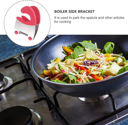 2pcs Stainless Steel Pot Clip and Spoon Rest Heat-resistant Rubber Utensil Holder for Kitchen Cooking Anti-scald Design Red