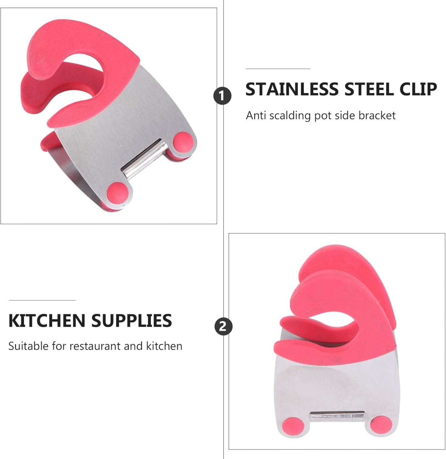 2pcs Stainless Steel Pot Clip and Spoon Rest Heat-resistant Rubber Utensil Holder for Kitchen Cooking Anti-scald Design Red