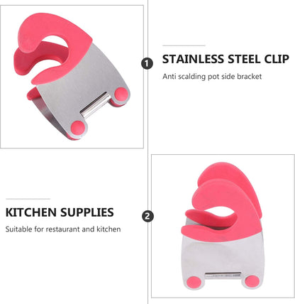 2pcs Stainless Steel Pot Clip and Spoon Rest Heat-resistant Rubber Utensil Holder for Kitchen Cooking Anti-scald Design Red