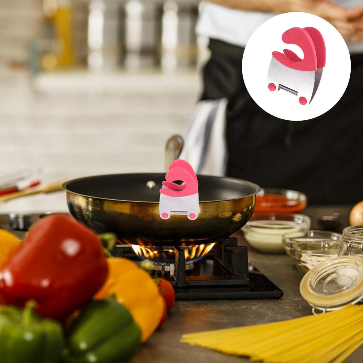 2pcs Stainless Steel Pot Clip and Spoon Rest Heat-resistant Rubber Utensil Holder for Kitchen Cooking Anti-scald Design Red