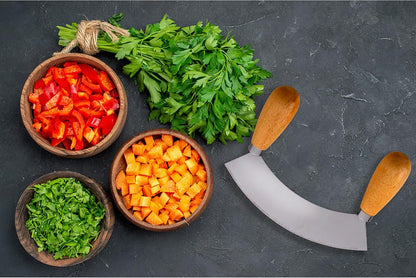 Kitchen Mezzaluna Rocking Chopper And Mincing Knife With Double Handles, Stainless Steel, Rubberwood, For Herbs Vegetables Nuts And More