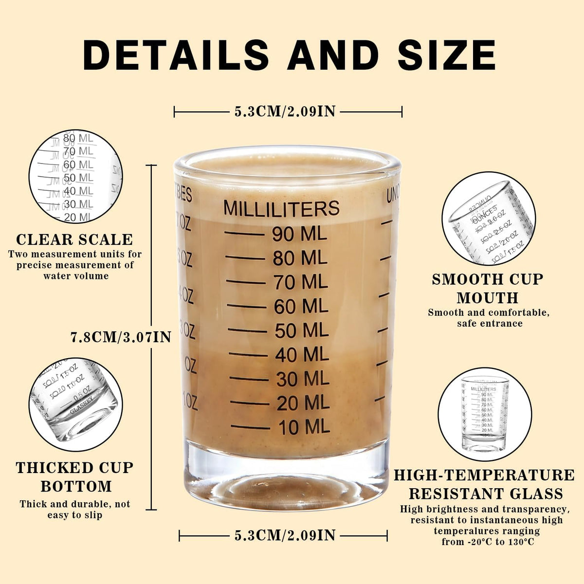 2 Pack Shot Glass Measuring Cup Set,3 oz/90ML Liquid Heavy High Espresso Glass Cup,Dishwasher Safe,Measurement of Dry and Liquid Ingredients (Black)