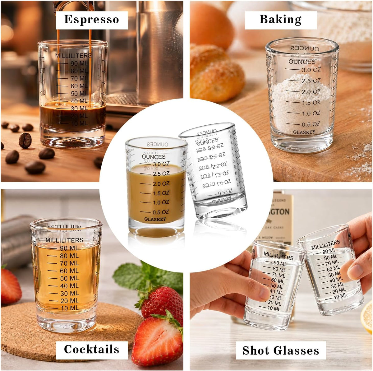 2 Pack Shot Glass Measuring Cup Set,3 oz/90ML Liquid Heavy High Espresso Glass Cup,Dishwasher Safe,Measurement of Dry and Liquid Ingredients (Black)