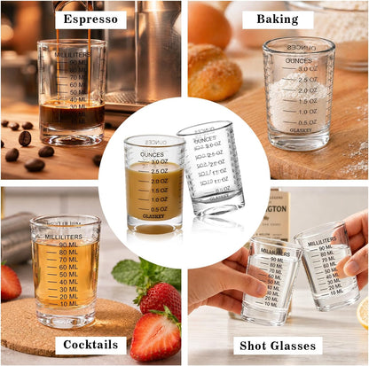 2 Pack Shot Glass Measuring Cup Set,3 oz/90ML Liquid Heavy High Espresso Glass Cup,Dishwasher Safe,Measurement of Dry and Liquid Ingredients (Black)