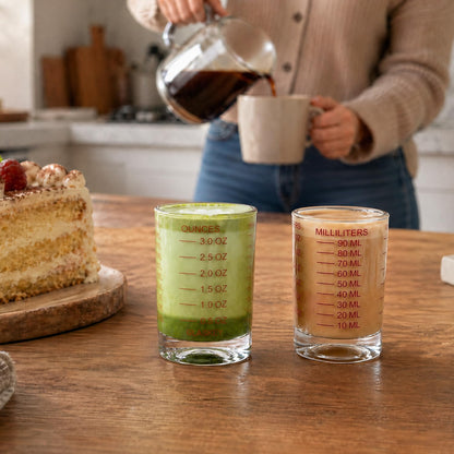 2 Pack Shot Glass Measuring Cup Set,3 oz/90ML Liquid Heavy High Espresso Glass Cup,Dishwasher Safe,Measurement of Dry and Liquid Ingredients (Black)