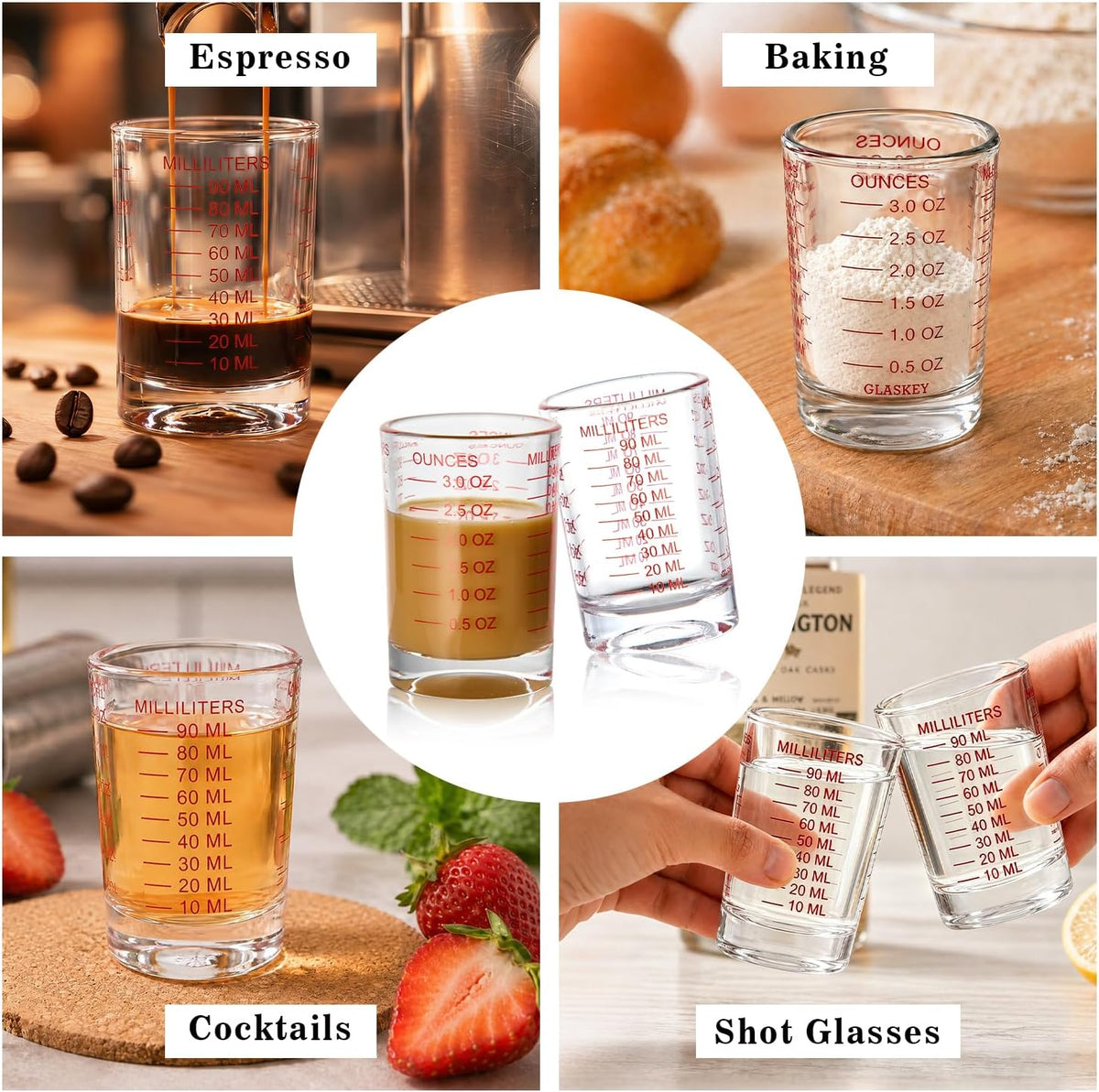 2 Pack Shot Glass Measuring Cup Set,3 oz/90ML Liquid Heavy High Espresso Glass Cup,Dishwasher Safe,Measurement of Dry and Liquid Ingredients (Black)