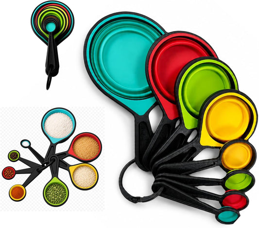 8-Piece Collapsible Silicone Measuring Cups & Spoons Set | 8-piece collapsible silicone measuring cups and spoons set, stackable measuring tools for dry and liquid ingredients.