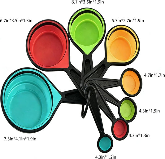 8-Piece Collapsible Silicone Measuring Cups & Spoons Set | 8-piece collapsible silicone measuring cups and spoons set, stackable measuring tools for dry and liquid ingredients.
