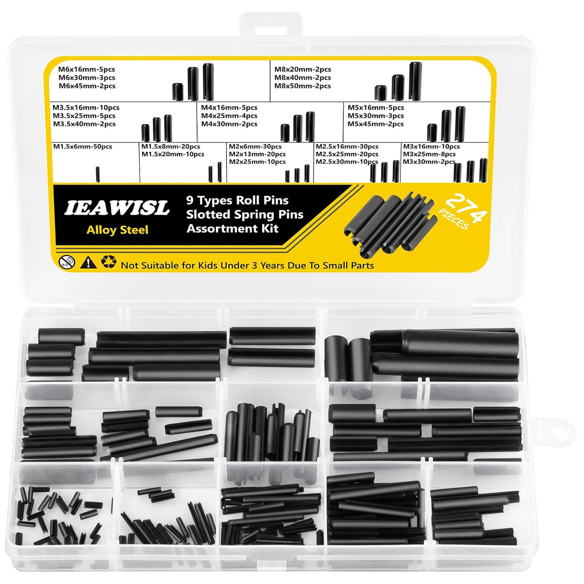 274 PCS Roll Pins, 9 Sizes M1.5-M8, 65Mn Steel, for Home Automotive