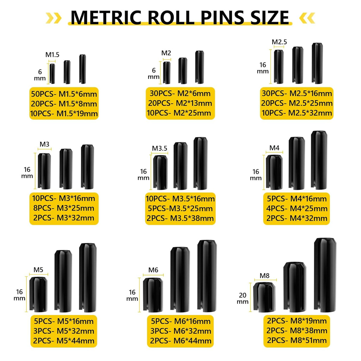 274 PCS Roll Pins, 9 Sizes M1.5-M8, 65Mn Steel, for Home Automotive