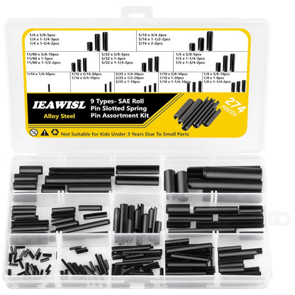 274 PCS Roll Pins, 9 Sizes M1.5-M8, 65Mn Steel, for Home Automotive