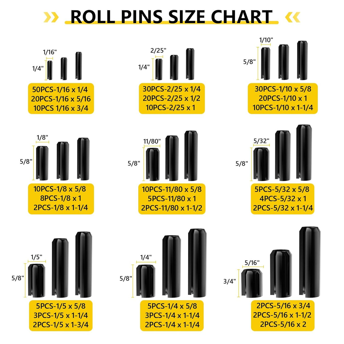 274 PCS Roll Pins, 9 Sizes M1.5-M8, 65Mn Steel, for Home Automotive