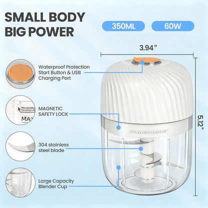 Electric Garlic Chopper 250ML, Mini USB Rechargeable Veggie Chopper, Cordless Garlic Mincer Onion Chopper Food Chopper for Ginger Chili Meat Sauce, Wireless Food Processor, White