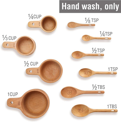 10 Piece Measuring Cups and Measuring Spoons Set, Handcrafted Wood Measuring Cups with Tablespoon Teaspoon Measuring spoons for Dry Ingredients, Natural Wooden Measuring Set for Cooking Baking