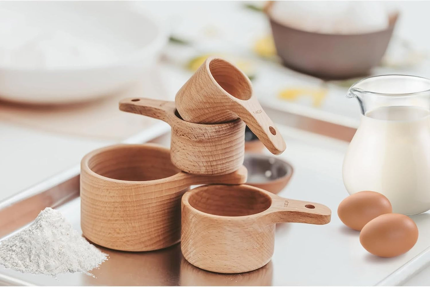 10 Piece Measuring Cups and Measuring Spoons Set, Handcrafted Wood Measuring Cups with Tablespoon Teaspoon Measuring spoons for Dry Ingredients, Natural Wooden Measuring Set for Cooking Baking